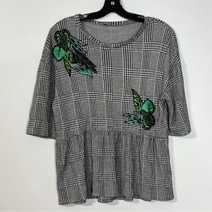 Zara Trafaluc Houndstooth Leaf Patch Peplum Hem Top